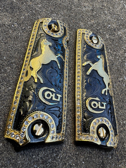 1911 ZIRCONIAS 45 38 SUPER COLT HORSE GOLD GUN PISTOL GRIP CACHAS & 24KSCREW