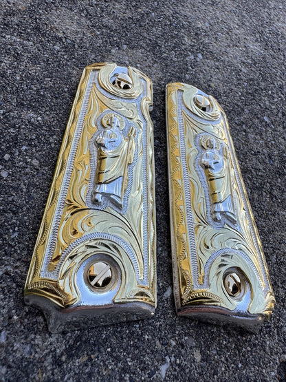 1911 Full Size 45 38 Super San Judas Gold Gun Pistol Grip Cachas & 24K Screws