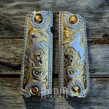 1911 ZIRCONIAS 45 38 SUPER COLT HORSE GOLD GUN PISTOL GRIP CACHAS & 24KSCREW