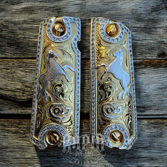 1911 ZIRCONIAS 45 38 SUPER COLT HORSE GOLD GUN PISTOL GRIP CACHAS & 24KSCREW