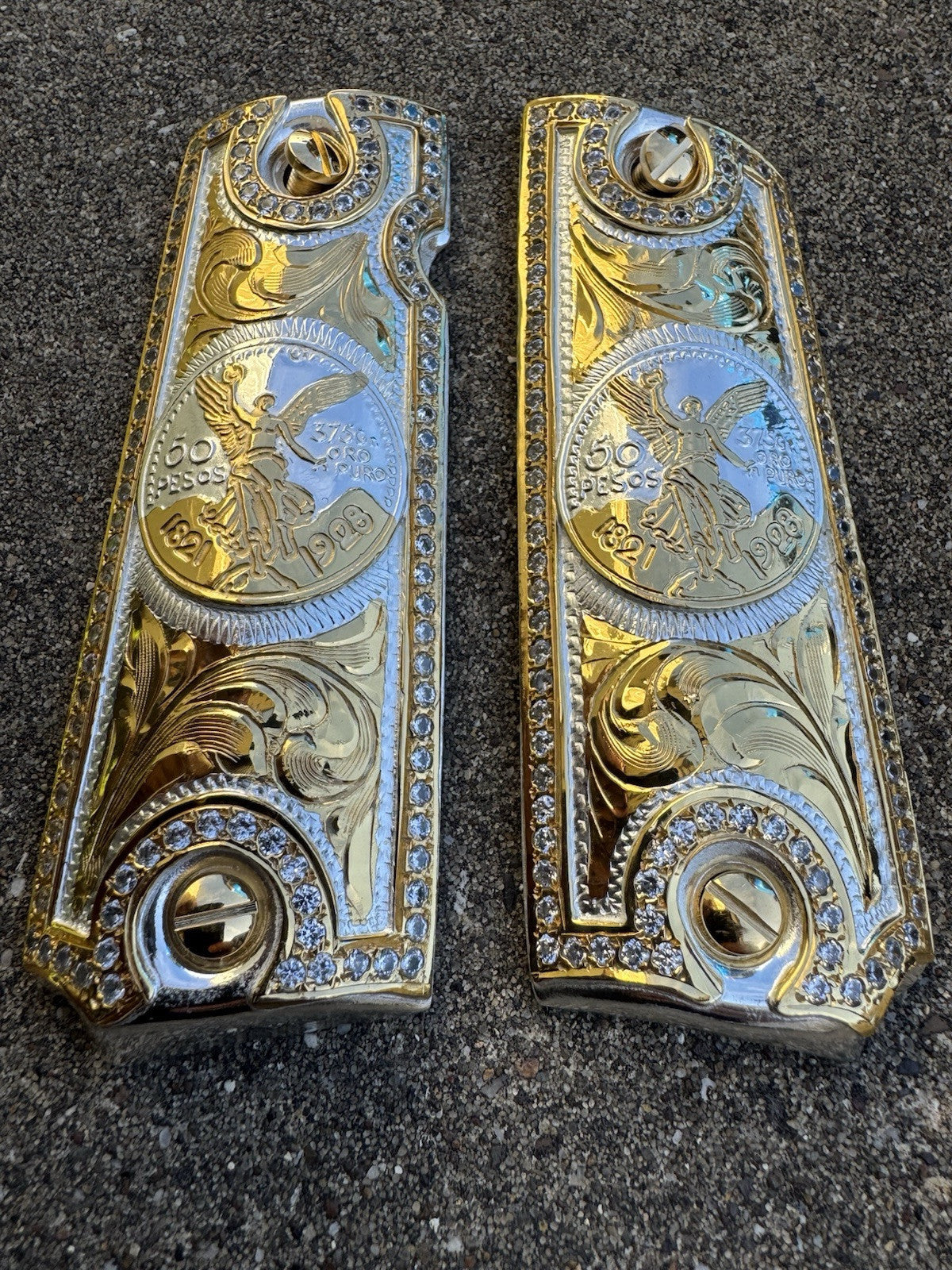 1911 ZIRCONIA 45 38 SUPER COLT CENTENARIO GOLD GUN PISTOL GRIP CACHAS & 24KSCREW