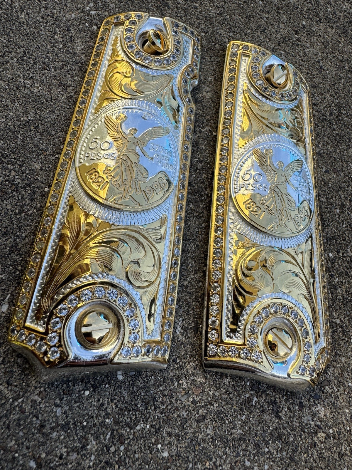 1911 ZIRCONIA 45 38 SUPER COLT CENTENARIO GOLD GUN PISTOL GRIP CACHAS & 24KSCREW