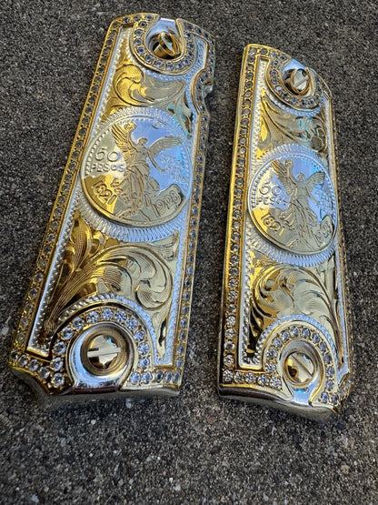 1911 ZIRCONIA 45 38 SUPER COLT CENTENARIO GOLD GUN PISTOL GRIP CACHAS & 24KSCREW