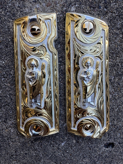 1911 Full Size 45 38 Super San Judas Gold Gun Pistol Grip Cachas & 24K Screws