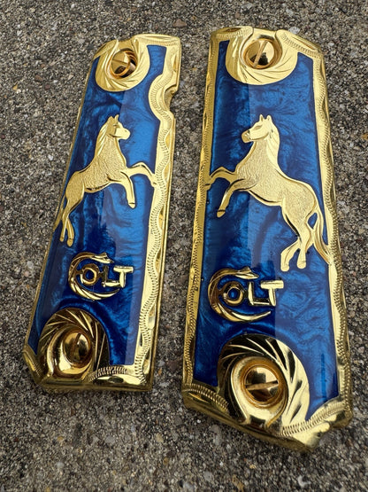 1911 45 38 Super Full Size Blue Horse Gold Gun Pistol Grip Cachas & 24K Screws