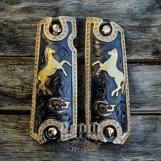 1911 ZIRCONIAS 45 38 SUPER COLT HORSE GOLD GUN PISTOL GRIP CACHAS & 24KSCREW