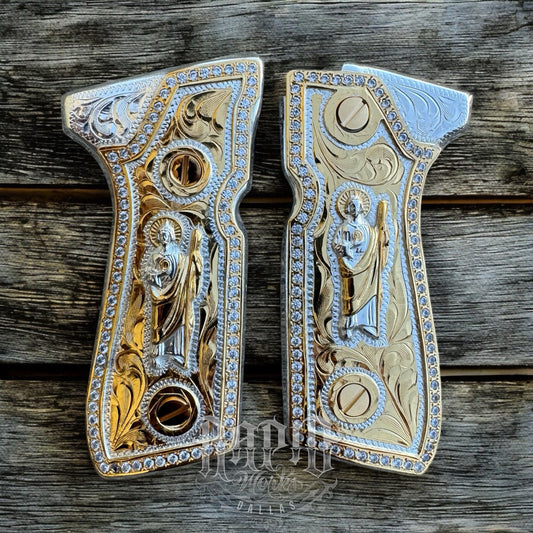 Beretta 92FS Zirconia San Judas Cachas Gold Plated Pistol Custom Grips & Screws