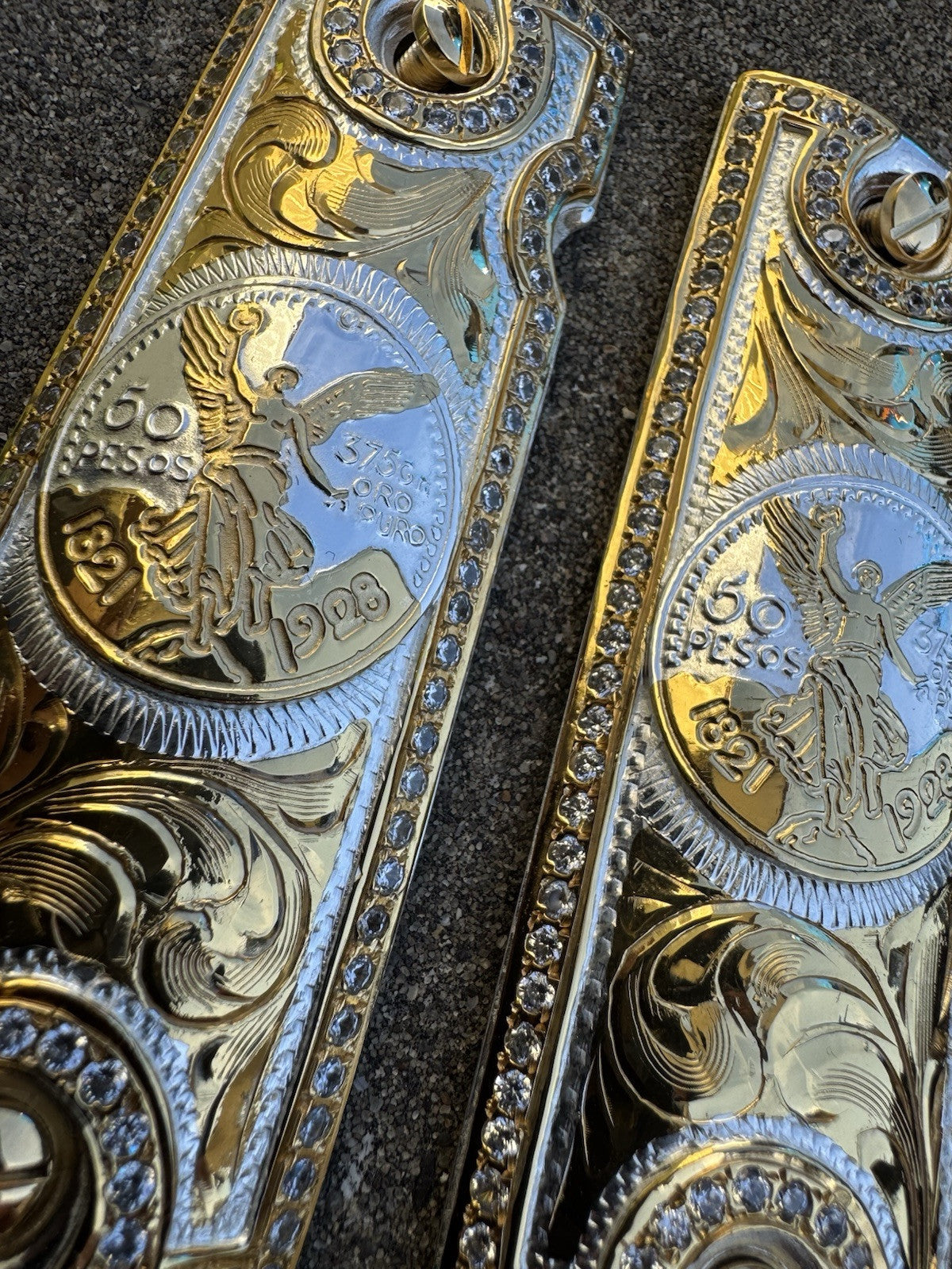 1911 ZIRCONIA 45 38 SUPER COLT CENTENARIO GOLD GUN PISTOL GRIP CACHAS & 24KSCREW