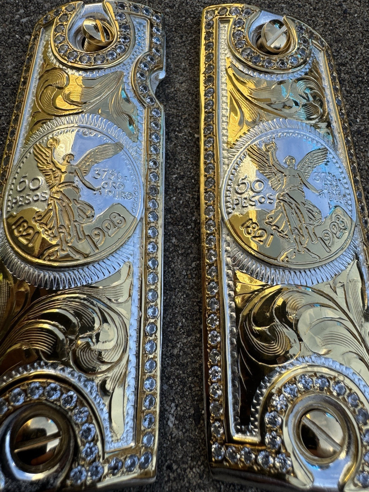 1911 ZIRCONIA 45 38 SUPER COLT CENTENARIO GOLD GUN PISTOL GRIP CACHAS & 24KSCREW