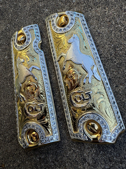 1911 ZIRCONIAS 45 38 SUPER COLT HORSE GOLD GUN PISTOL GRIP CACHAS & 24KSCREW